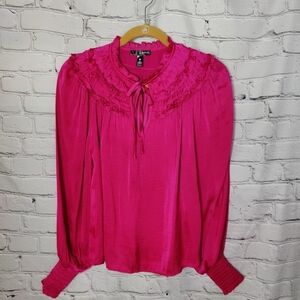 Aqua For Bloomingdales Magenta Ruffle Tie Collar Blouse Size XS